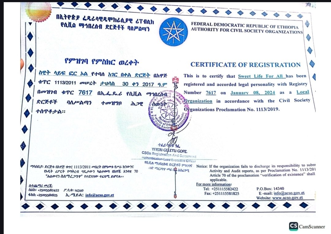 Sweet Life for All civil society registration certificate